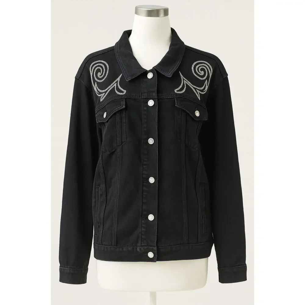 Cato S 26/28 Black Denim Jacket Embroidered Western Boho Y2K Revival Cowgirlcore - Picture 1 of 15